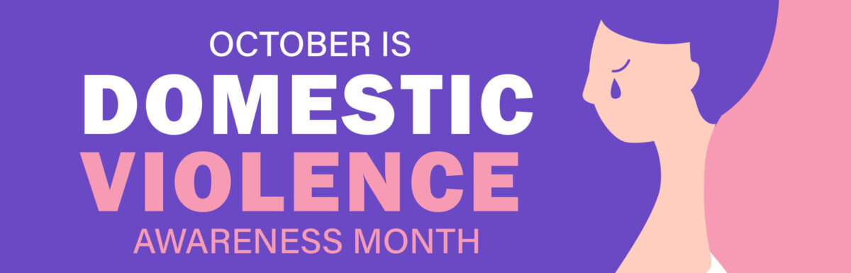 Graphic featuring cartoon person with long hair flowing across the image with words "October is Domestic Violence Awareness Month" written on top of the hair.